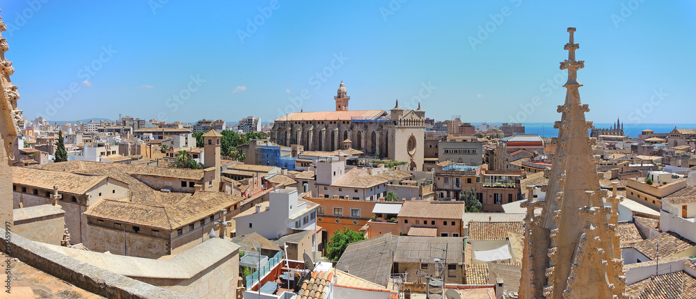 Palma de Mallorca, Spain. Landscape from the bell tower of the church of Santa Eulalia on the historic center of the town