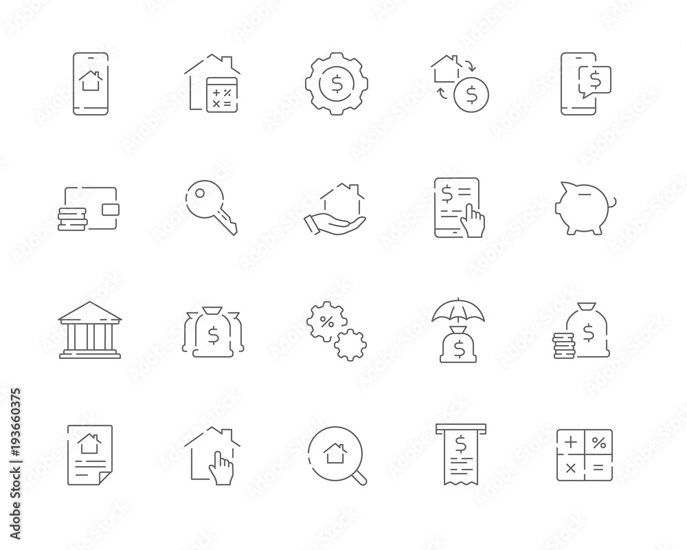 Simple set of Mortgage related vector line web icons. Contains such Icons as Bank, Property, Calculator, Money and more. Simple set of Mortgage related vector line web icons. Contains such Icons as Bank, Property, Calculator, Money and more.