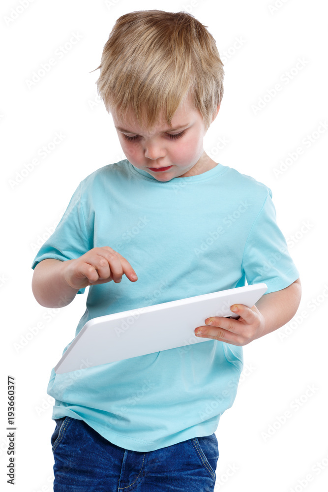 Kind kleiner Junge tippt zeigt auf Tablet Computer Internet Kind kleiner Junge tippt zeigt auf Tablet Computer Internet
