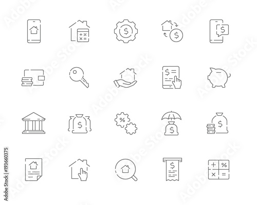Simple set of Mortgage related vector line web icons. Contains such Icons as Bank, Property, Calculator, Money and more.