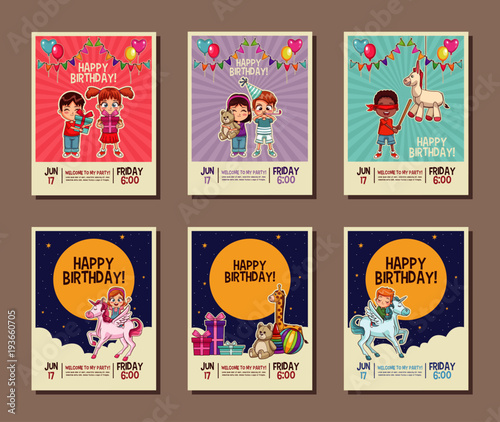 Set on birthday kids party invitation card vector illustration graphic design