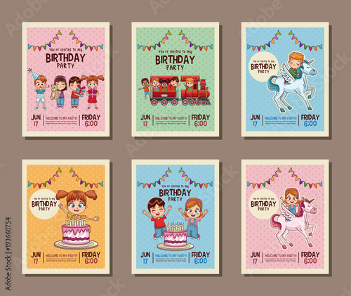 Set on birthday kids party invitation card vector illustration graphic design