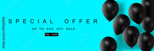 Discount coupon with realistic black balloons, creative template, seasonal discounts, buy now, big Sale photo