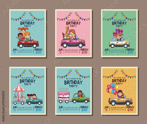 Set on birthday kids party invitation card vector illustration graphic design