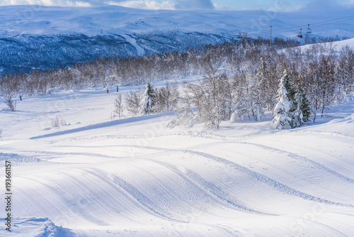 View of snowy landscape and ski track in Beitostolen. Winter in Norway