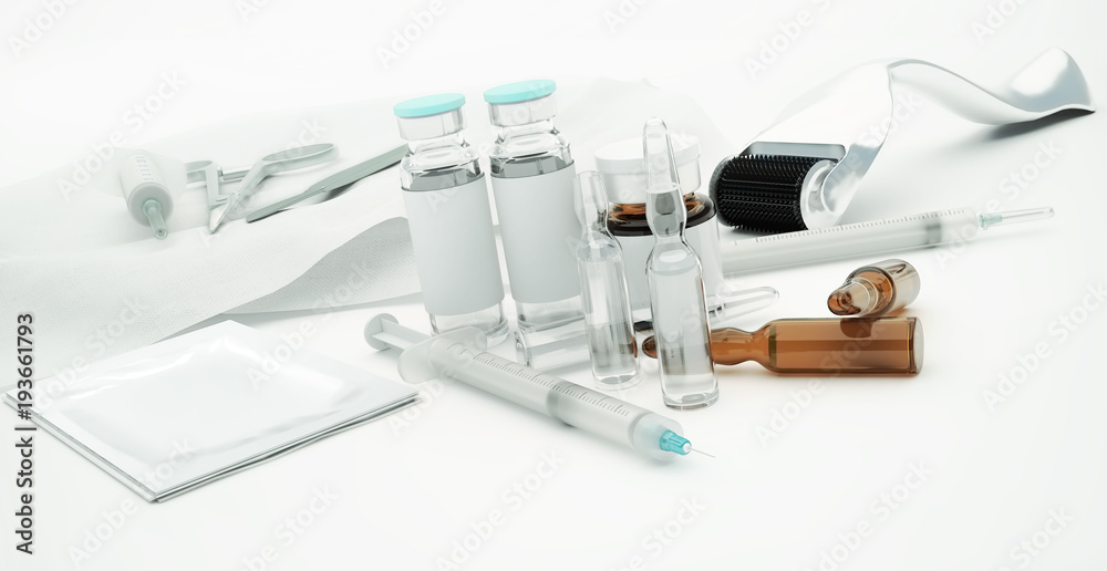 Syringes, glass vials and Derma Roller for skin care rejuvenating treatment  concept. Stock Illustration | Adobe Stock