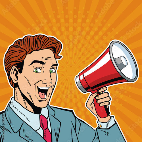 Businessman with bullhorn pop art cartoon vector illustration graphic design