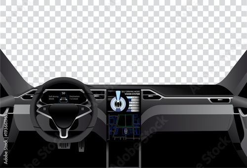 Interior of self driving car with information display. Vector illustration