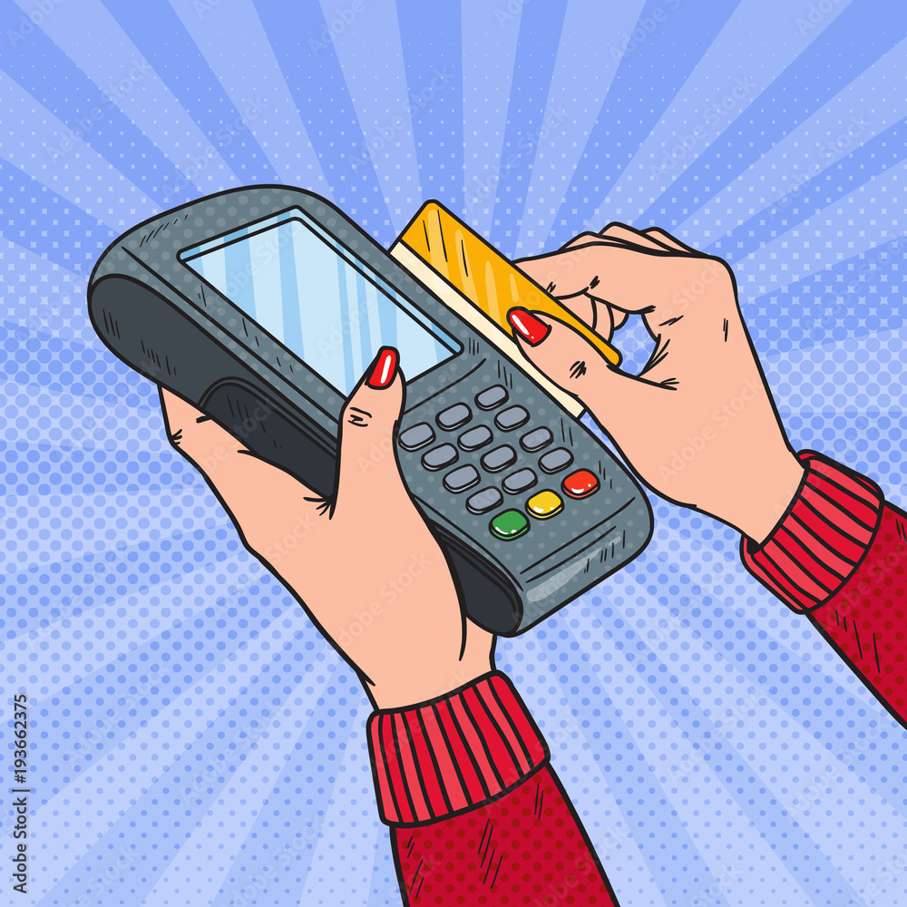 Pop Art Female Hands Swiping Credit Card with Bank Terminal. Payment with  POS in Store. Vector illustration Stock Vector | Adobe Stock