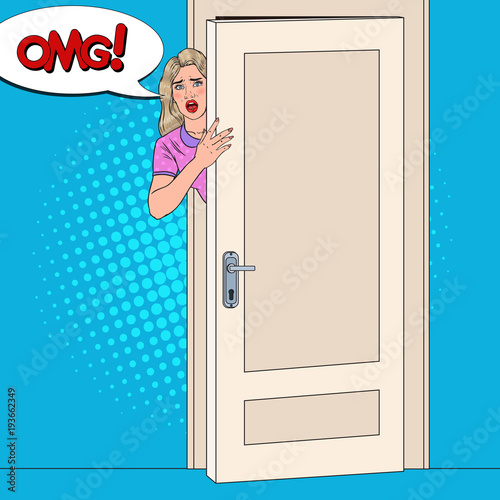 Pop Art Shocked Woman Peeking From Behind a Door. Surprised Girl. Vector illustration