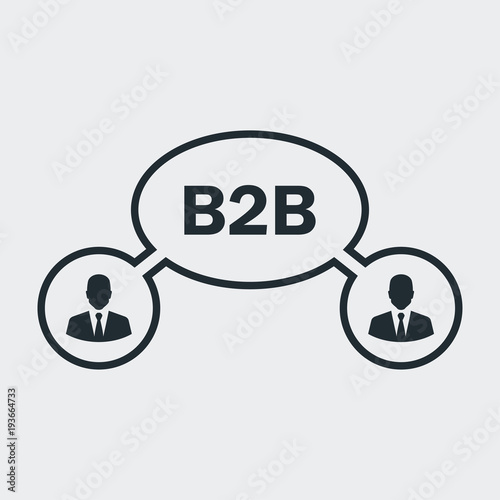 Icono plano lineal texto B2B con hombres y flechas girando en fondo gris