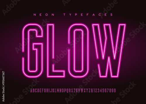 Glowing vector linear neon typefaces, alphabet, letters, font, t