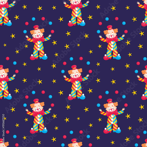 Children's seamless pattern with the image of circus clown. Colorful vector background.