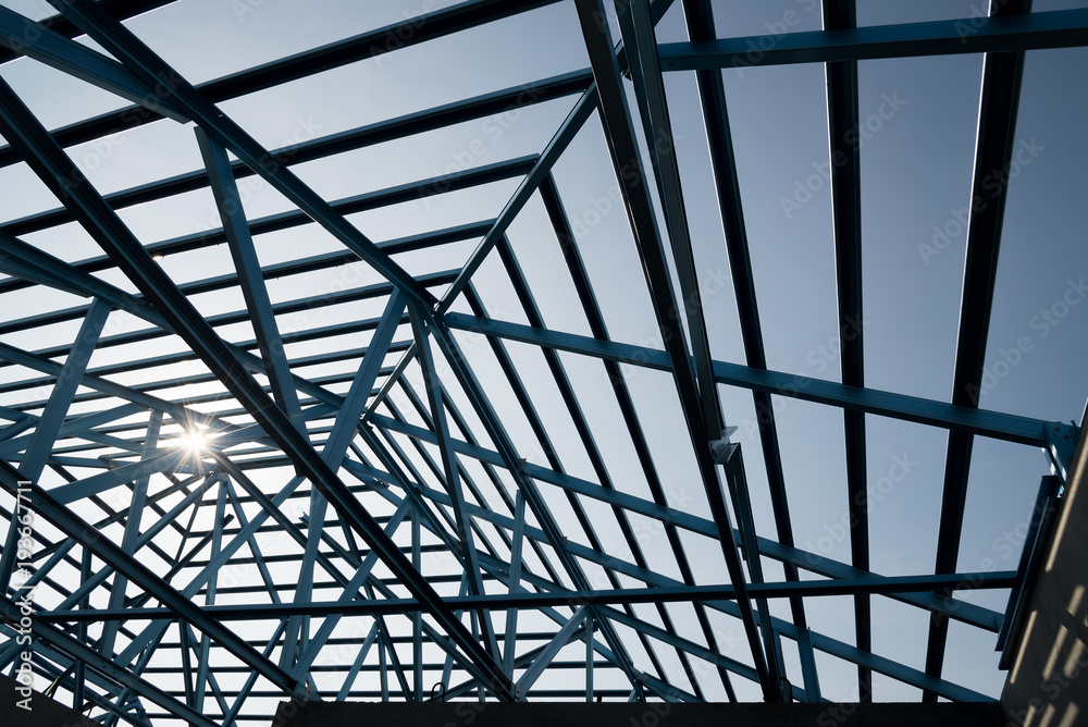 Structure of steel roof frame for building construction.