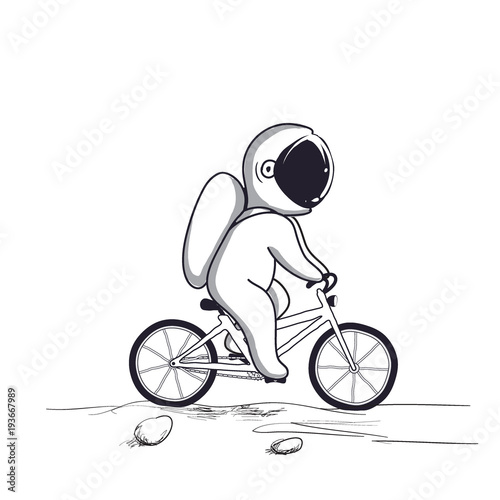 Funny astronaut rides on bicycle on Moon.Hand drawn style.Childish vector illustration