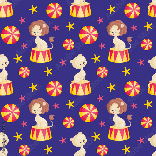 Children's seamless pattern with the image of circus trained animals. Colorful vector background.