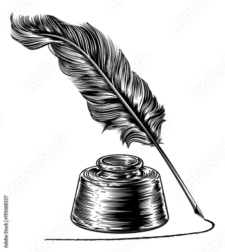 Writing Quill Feather Pen and Ink Well