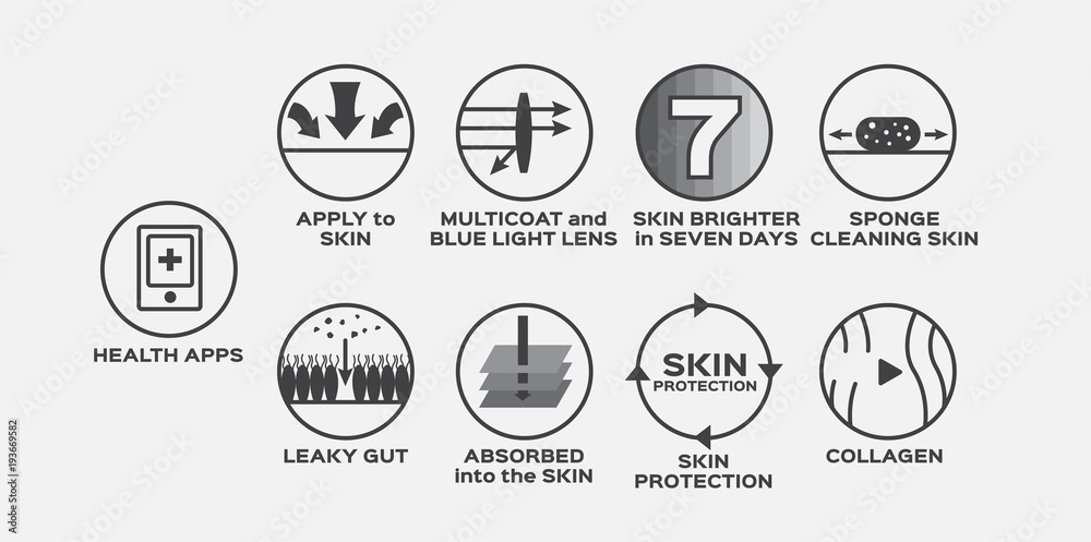 skin icon set vector / health apps multi coat blue light lens seven days sponge cleaning collagen absorbed leaky gut