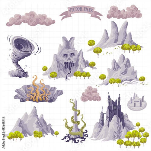 Fantasy Adventure map elements and colorful doodle hand draw in vector illustration isolated on white background