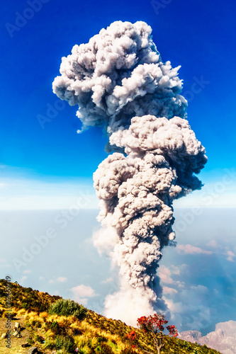 View on eruption on volcano Santiaguito from Santa Maria in Guatemala