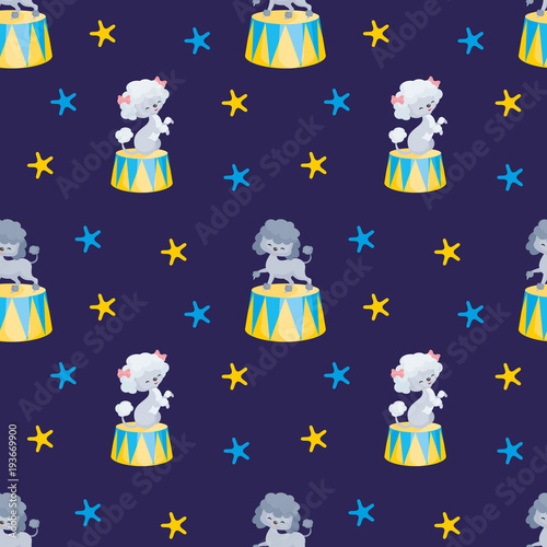 Children's seamless pattern with the image of circus trained animals. Colorful vector background.