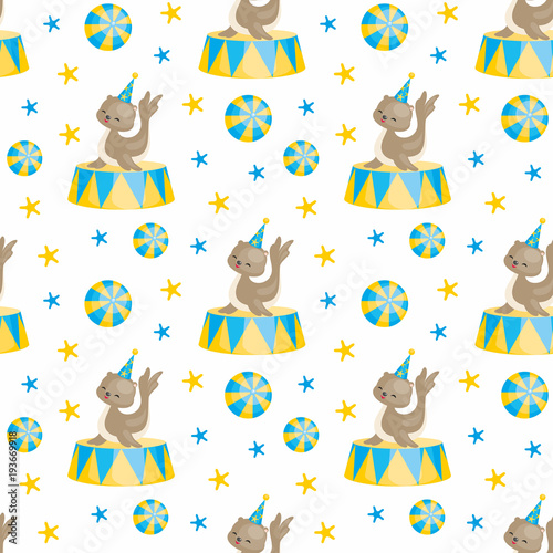 Children's seamless pattern with the image of circus trained animals. Colorful vector background.
