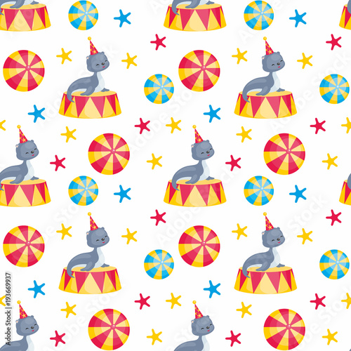 Children's seamless pattern with the image of circus trained animals. Colorful vector background.