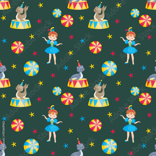 Children's seamless pattern with the image of circus trained animals. Colorful vector background.