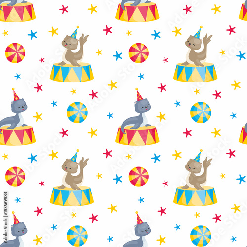 Children's seamless pattern with the image of circus trained animals. Colorful vector background.