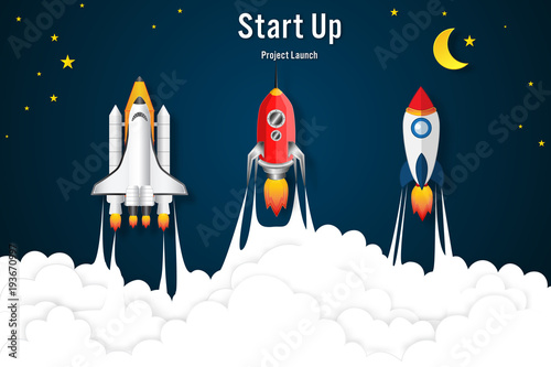 Rockets launch flying, half moon, clouds and stars in the night as paper art and craft style concept. vector illustrator.