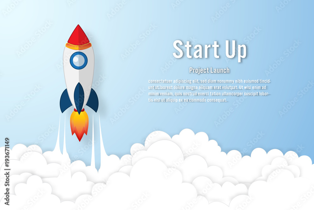 Rocket launch on the clouds and blue sky as paper art, craft style and business Startup project concept. flat design vector illustration. Rocket launch on the clouds and blue sky as paper art, craft style and business Startup project concept. flat design vector illustration.