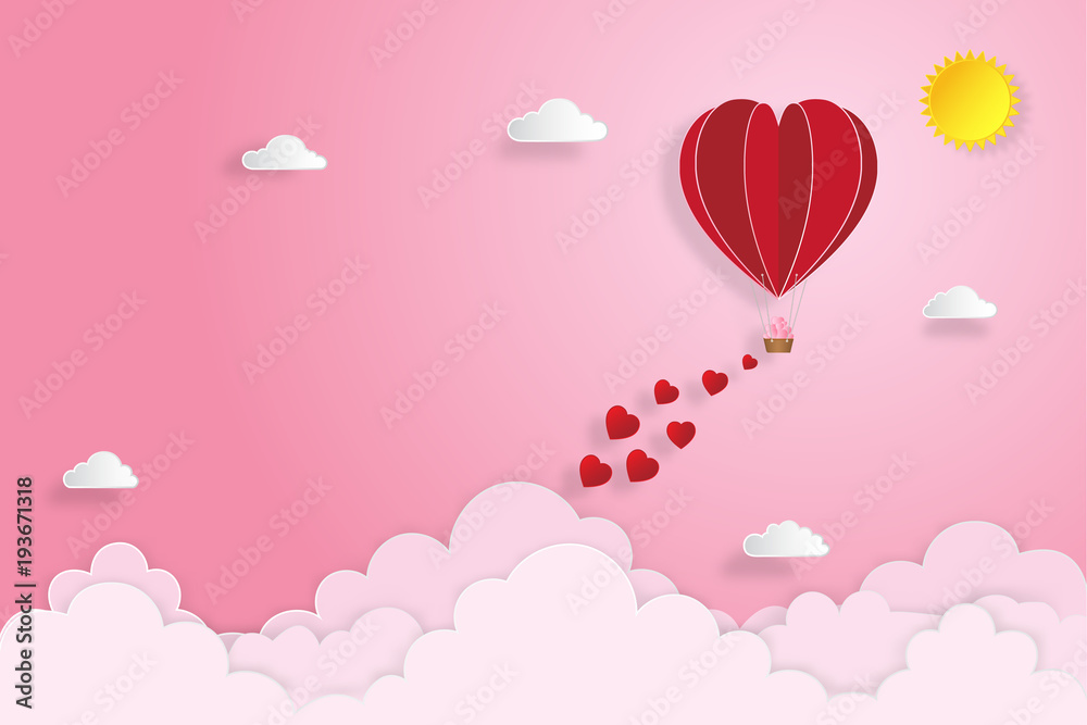 The hot air heart balloon on pink sky as love, happy valentine's day, wedding and paper art concept. vector illustration.