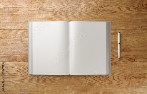 Blank A4 photorealistic book mockup on light wooden table, 3D illustration. photo