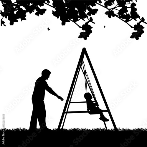 Father swinging child on a swing in the park, one in the series of similar images silhouette