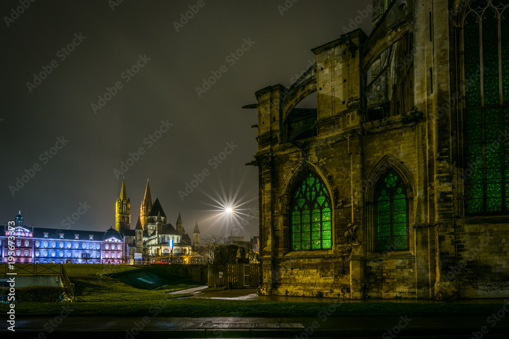 Architecture and attractions of the night city of France Caen