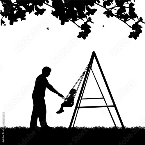 Father swinging child on a swing in the park, one in the series of similar images silhouette