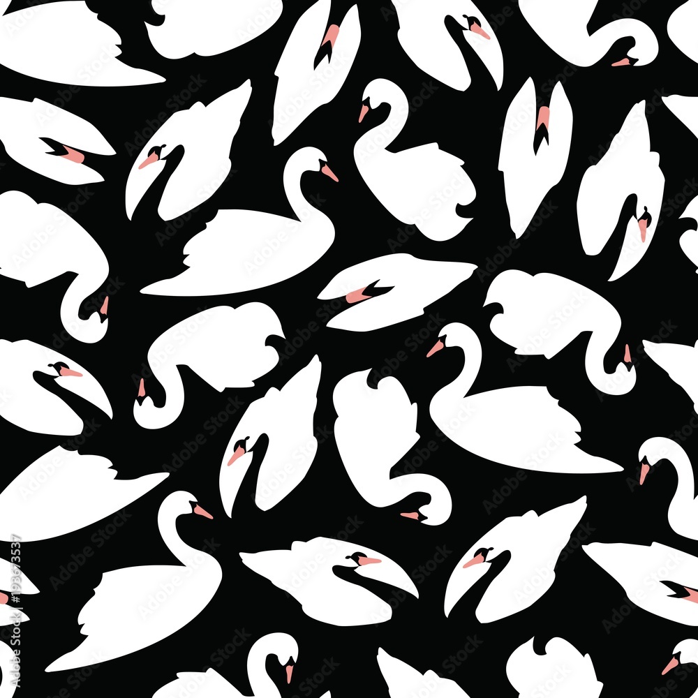 Fototapeta premium Swan seamless pattern on black background, vector illustration
