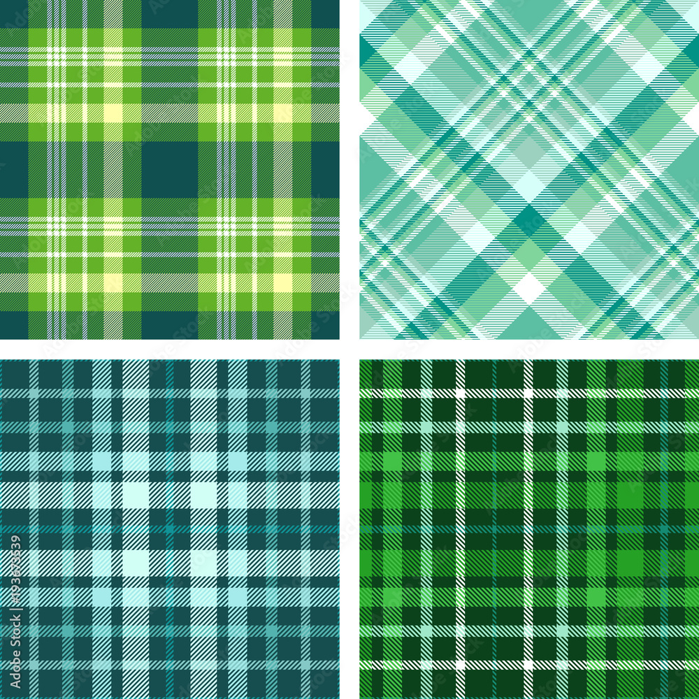 Set of four seamless tartan plaid patterns in shades of green, teal, turquoise and white. Traditional checkered fabric textures for digital textile printing. Set of four seamless tartan plaid patterns in shades of green, teal, turquoise and white. Traditional checkered fabric textures for digital textile printing.