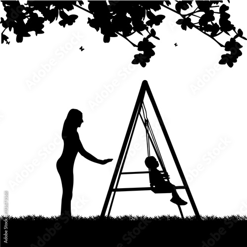 Mother swinging child on a swing in the park, one in the series of similar images silhouette