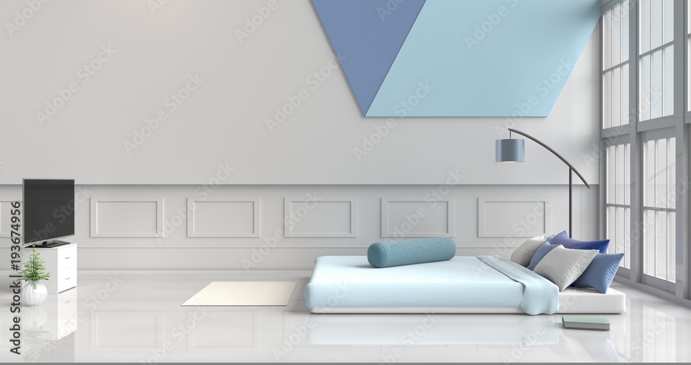 White-blue bedroom decor with light blue bed,tree in vase, pillows, bedside table, Window, blue lamp,bolster,TV, green book, White cement wall it is pattern, white cement floor. 3d rendering.