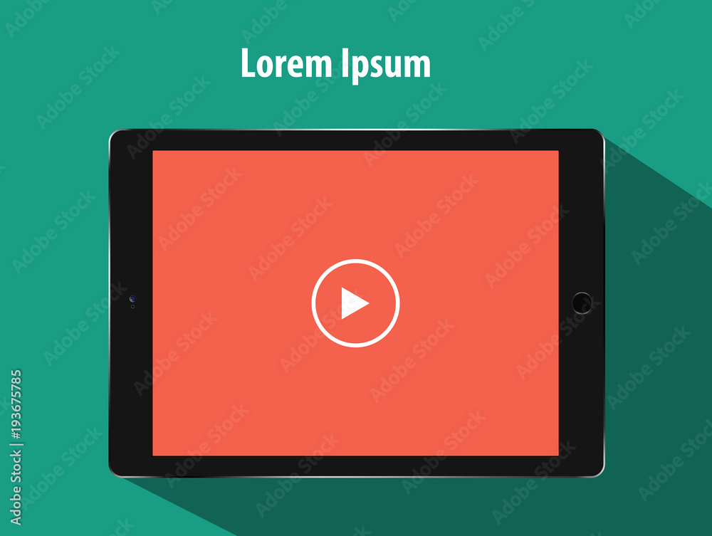 Design template Realistic black computer tablet with red screen and white play button icon on green background. Eps 10 stock vector illustration Design template Realistic black computer tablet with red screen and white play button icon on green background. Eps 10 stock vector illustration
