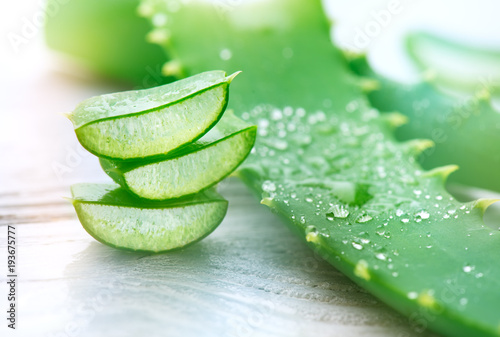 Aloe Vera closeup. Sliced Aloevera natural organic renewal cosmetics, alternative medicine. Organic skincare concept. On white wooden background