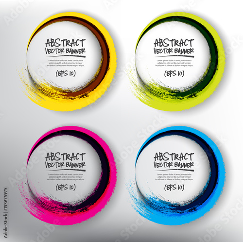Abstract vector circle banners set of 4. Colorful vector hand drawn brush strokes circles. Isolated on the white panel. Each item contains space for own text. Vector illustration. Eps 10.