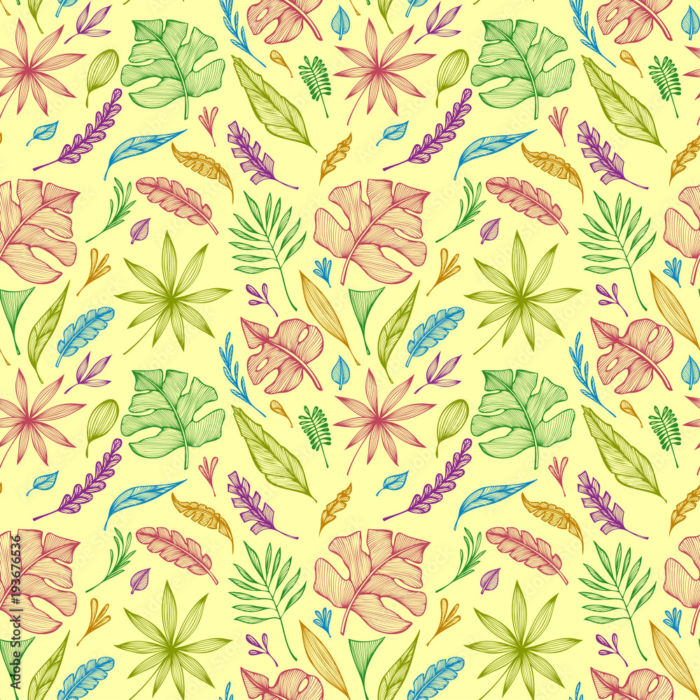 Seamless pattern from hand  draw structure of  tropic leaves colorful on yellow in line art for creative design package of  cosmetic or  perfume or for design of  botanical theme