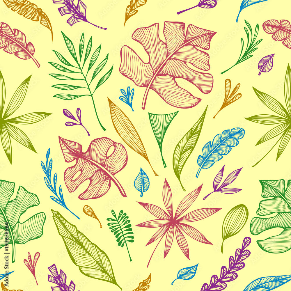 Fototapeta premium Seamless pattern from hand draw structure of tropic leaves colorful on yellow in line art for creative design package of cosmetic or perfume or for design of botanical theme