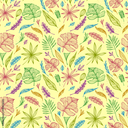 Seamless pattern from hand  draw structure of  tropic leaves colorful on yellow in line art for creative design package of  cosmetic or  perfume or for design of  botanical theme