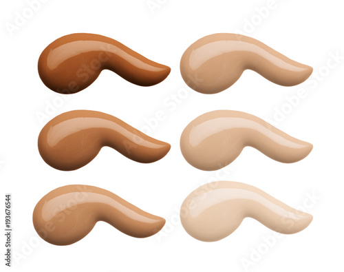 Foundation face makeup samples. Set of cosmetic liquid foundation or cream in different colour smudge smear strokes. Make up smears isolated on a white background. Foundation colors palette