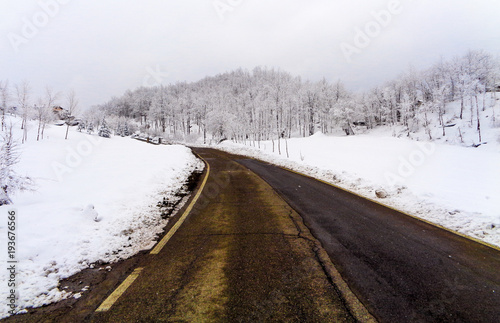 Strada di montagna con neve e alberi gelati © Glauco