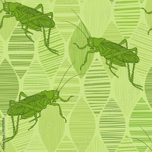 Grasshoppers on green leaves. Seamless vector pattern. Hand-drawn art nature background.