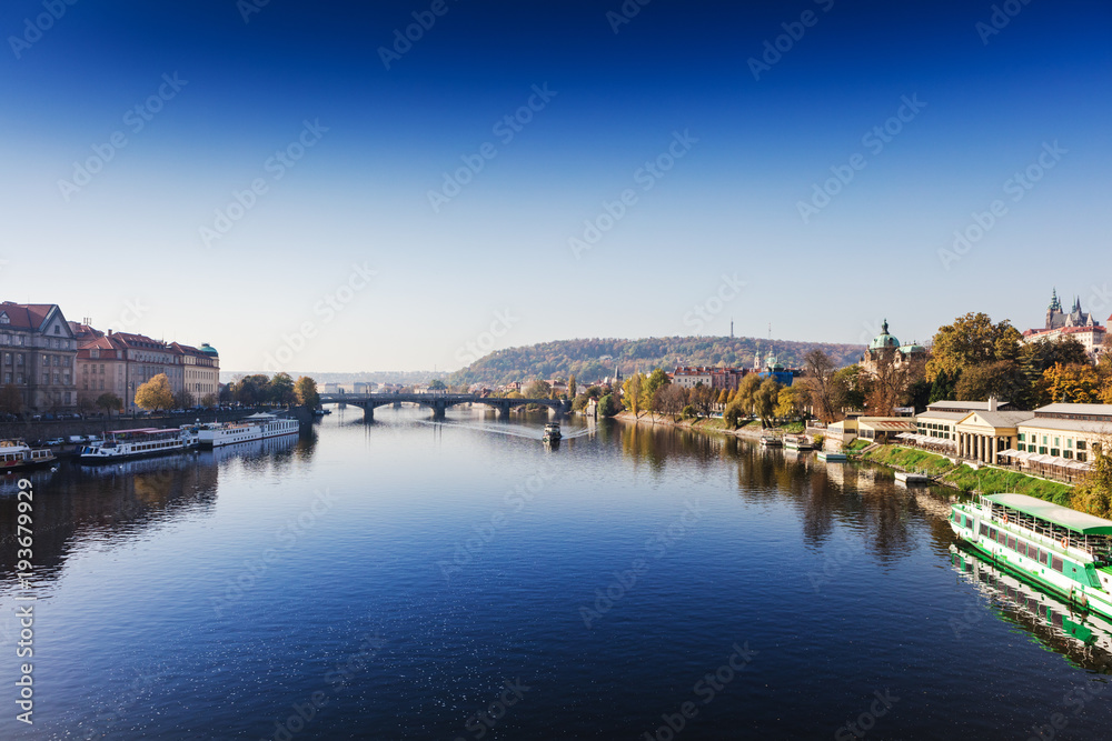 view of Prague and its bridges crossing Vltava river